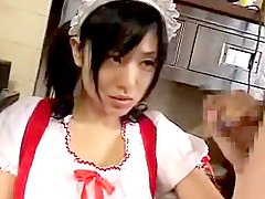 Cute Asian waitress giving the boss a blowjob