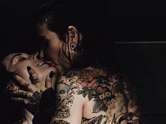 Tattooed lesbian chick loves dirty talk before sex