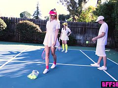 Unusual tennis session with petite besties outdoor