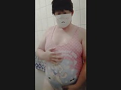 Chubby Femboy at Shower in Cute Swimsuit 