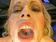 Perverted blonde is getting tone of cum in her throat