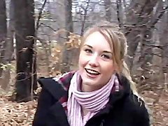 Skinny small tits teen flashes in the woods